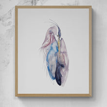 Load image into Gallery viewer, 16” x 20” original watercolor wildlife great blue heron, egret or crane painting in an expressive, impressionist, minimalist, modern style by contemporary fine artist Elizabeth Becker