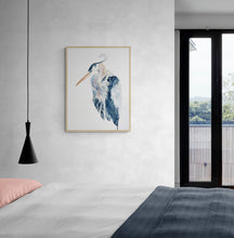 Load image into Gallery viewer, 18” x 24” original watercolor wildlife great blue heron, egret or crane painting in an expressive, impressionist, minimalist, modern style by contemporary fine artist Elizabeth Becker