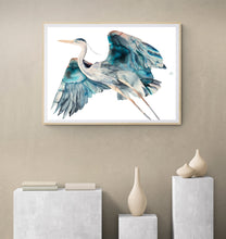 Load image into Gallery viewer, 26” x 36” original large-scale watercolor wildlife great blue heron, egret or crane painting. Flying bird in an expressive, impressionist, minimalist, modern, asian style by contemporary fine artist Elizabeth Becker. Soothing, serene, peaceful, calming wildlife painting. Teal blue, turquoise, gray, peach and white colors. Prints available.
