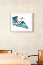 Load image into Gallery viewer, 16” x 20” original watercolor wildlife flying bird, great blue heron, egret or crane painting in an expressive, impressionist, minimalist, modern style by contemporary fine artist Elizabeth Becker. Framed.