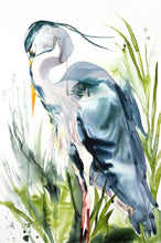 Load image into Gallery viewer, 24” x 36" original watercolor painting on canvas in 26" x 38" natural maple solid wood floater frame. Large-scale expressive Great Blue Heron water bird standing in marsh or lake. Expressive, impressionist, loose, watery, flowing, painterly, abstract, minimalist, modern, moody style by contemporary fine artist Elizabeth Becker. Monochromatic olive green, dark blue and white colors.