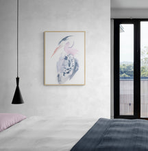 Load image into Gallery viewer, 11” x 15” original watercolor wildlife heron, egret or crane painting in an expressive, impressionist, minimalist, modern style by contemporary fine artist Elizabeth Becker. Soft pastel pink, peach, gray and white colors.