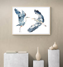 Load image into Gallery viewer, 26” x 36” original large-scale watercolor wildlife great blue herons, egrets or cranes painting. Flying birds in an expressive, impressionist, minimalist, modern, asian style by contemporary fine artist Elizabeth Becker. Soothing, serene, peaceful, calming wildlife painting. Monochromatic dark blue, black, peach and white colors. Prints available.