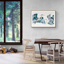 Load image into Gallery viewer, 26” x 40” original watercolor painting of great blue herons / cranes / egrets. Pair of two flying birds. Large-scale wildlife nature animal illustration in an expressive, minimalist, modern style by contemporary fine artist Elizabeth Becker. Teal, turquoise, blue, red, orange and white colors.