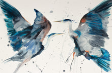Load image into Gallery viewer, 26” x 40” original watercolor painting of great blue herons / cranes / egrets. Pair of two abstract flying birds with drips and splatters. Large-scale wildlife nature animal illustration in a loose, expressive, minimalist, modern style by contemporary fine artist Elizabeth Becker. Monochromatic dark blue, black, gray and white colors.