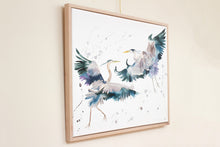 Load image into Gallery viewer, 30” x 40" original watercolor painting on canvas in 32" x 42" natural maple solid wood floater frame. Large-scale expressive pair of two flying great blue heron birds. Expressive, impressionist, loose, watery, flowing, ethereal, minimalist, modern style with painterly drips and splatters by contemporary fine artist Elizabeth Becker. Monochromatic dark blue, lavender purple, gray and white colors.