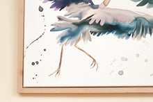 Load image into Gallery viewer, 30” x 40" original watercolor painting on canvas in 32" x 42" natural maple solid wood floater frame. Large-scale expressive pair of two flying great blue heron birds. Expressive, impressionist, loose, watery, flowing, ethereal, minimalist, modern style with painterly drips and splatters by contemporary fine artist Elizabeth Becker. Monochromatic dark blue, lavender purple, gray and white colors.