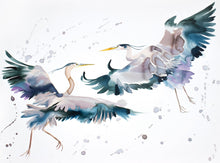Load image into Gallery viewer, 30” x 40" original watercolor painting on canvas in 32" x 42" natural maple solid wood floater frame. Large-scale expressive pair of two flying great blue heron birds. Expressive, impressionist, loose, watery, flowing, ethereal, minimalist, modern style with painterly drips and splatters by contemporary fine artist Elizabeth Becker. Monochromatic dark blue, lavender purple, gray and white colors.