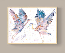 Load image into Gallery viewer, 30" x 40" original watercolor painting on canvas of two flying herons. Pair of cranes or egrets in flight. Varnished and ready-to-hang. Expressive, impressionist, loose, watery, ethereal, minimalist, modern style by contemporary fine artist Elizabeth Becker. Prints available. Soft teal blue, turquoise, peach, light. pink and white colors.