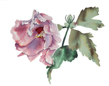 Load image into Gallery viewer, 16" x 20" original watercolor botanical hibiscus floral painting in an expressive, loose, watery, minimalist, modern style by contemporary fine artist Elizabeth Becker. Prints available. Soft dark pink, mauve purple, dark olive green and white colors.
