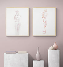 Load image into Gallery viewer, 18" x 24" original watercolor abstract nude  pair of figure gesture paintings in an ethereal, expressive, impressionist, minimalist, modern style by contemporary fine artist Elizabeth Becker. Soft pastel mauve purple, pale pink and white colors.