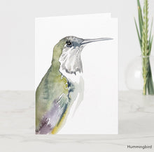 Load image into Gallery viewer, Greeting card featuring print of watercolor painting by contemporary artist Elizabeth Becker. Blank inside for any occasion. Emerald hummingbird bird, wildlife portrait. Expressive, impressionist, minimalist, modern. Soft olive green, gray and white colors.  Loose, expressive, minimalist, modern watercolor art.