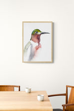 Load image into Gallery viewer, 5” x 7” original watercolor ruby-throated hummingbird painting in an ethereal, expressive, impressionist, minimalist, modern style by contemporary fine artist Elizabeth Becker