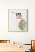 Load image into Gallery viewer, 5” x 7” original watercolor ruby-throated hummingbird painting in an ethereal, expressive, impressionist, minimalist, modern style by contemporary fine artist Elizabeth Becker. Soft pastel olive green, red and white colors.
