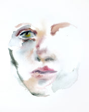 Load image into Gallery viewer, 16" x 20" original watercolor abstract portrait painting in an expressive, impressionist, minimalist, modern style by contemporary fine artist Elizabeth Becker. Soft pastel watery peach, green and white colors.