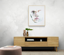 Load image into Gallery viewer, 16" x 20" original watercolor abstract portrait painting in an expressive, impressionist, minimalist, modern style by contemporary fine artist Elizabeth Becker. Soft pastel watery peach, green and white colors.