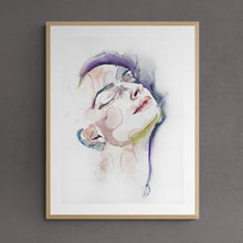 Load image into Gallery viewer, 22" x 30" large-scale original watercolor portrait painting in an expressive, impressionist, minimalist, modern style by contemporary fine artist Elizabeth Becker. Soft watery peach, green, purple and white colors.