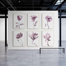 Load image into Gallery viewer, 9” x 12” original botanical rose flower, floral ink painting in an expressive, impressionist, minimalist, modern style by contemporary fine artist Elizabeth Becker. Soft watery mauve, eggplant, plum purple and white colors. Wall art collage collection.