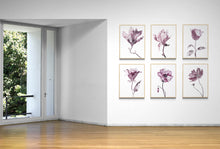 Load image into Gallery viewer, 9” x 12” original botanical rose flower, floral ink painting in an expressive, impressionist, minimalist, modern style by contemporary fine artist Elizabeth Becker. Soft watery mauve, eggplant, plum purple and white colors. Wall art collage collection.