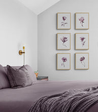 Load image into Gallery viewer, 9” x 12” original botanical floral ink painting in an expressive, impressionist, minimalist, modern style by contemporary fine artist Elizabeth Becker. Soft watery mauve, eggplant, plum purple and white colors. Wall art collage collection.