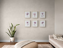 Load image into Gallery viewer, 9” x 12” original botanical floral ink painting in an expressive, impressionist, minimalist, modern style by contemporary fine artist Elizabeth Becker. Soft watery mauve, eggplant, plum purple and white colors. Wall art collage collection.