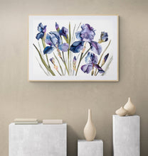 Load image into Gallery viewer, 26” x 37” original watercolor botanical purple irises garden floral painting in an expressive, impressionist, minimalist, modern style by contemporary fine artist Elizabeth Becker. Giclée prints available. Framed.