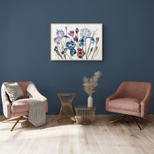 Load image into Gallery viewer, 26” x 37” original watercolor botanical purple irises garden floral painting in an expressive, impressionist, watery, minimalist, modern style by contemporary fine artist Elizabeth Becker. Giclée prints available. Monochromatic soft muted lavender purple, gray, ink blue, burgundy, maroon, olive green and white colors. Framed.