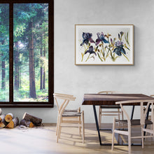 Load image into Gallery viewer, 26” x 40” original watercolor painting of botanical iris flowers. Large-scale floral garden study in a gestural, abstract, expressive, impressionist, minimalist, modern style by contemporary fine artist Elizabeth Becker. Monochromatic moody dark blue, black, mauve purple, olive green, yellow ochre, gold and white colors. Framed in a dining room.