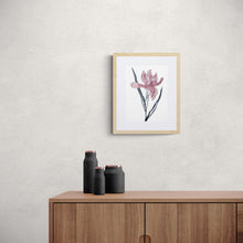 Load image into Gallery viewer, 9" x 12" original watercolor botanical iris flower painting in an expressive, loose, watery, minimalist, modern style by contemporary fine artist Elizabeth Becker. Prints available. Soft muted mauve pink and black colors with white background. Framed.