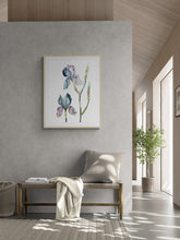 Load image into Gallery viewer, 22.5" x 30" original watercolor botanical iris flowers painting in an expressive, loose, watery, minimalist, modern style by contemporary fine artist Elizabeth Becker. Prints available. Soft muted ink blue, mauve purple, olive green and pale yellow colors with white background. Framed.