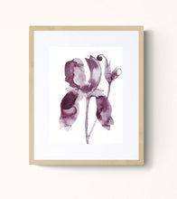 Load image into Gallery viewer, 9" x 12" original ink botanical iris flower painting in an expressive, loose, watery, minimalist, modern style by contemporary fine artist Elizabeth Becker. Prints available. Muted moody plum purple and burgundy colors with white background. Framed.