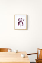 Load image into Gallery viewer, 9" x 12" original ink botanical iris flower painting in an expressive, loose, watery, minimalist, modern style by contemporary fine artist Elizabeth Becker. Prints available. Muted moody plum purple and burgundy colors with white background. Framed.