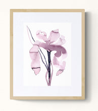 Load image into Gallery viewer, 9" x 12" original ink botanical iris flower painting in an expressive, loose, watery, minimalist, modern style by contemporary fine artist Elizabeth Becker. Prints available. Soft muted monochromatic mauve purple, black and white colors. Framed.