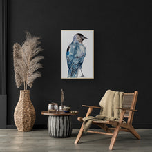 Load image into Gallery viewer, 26” x 39.75” original large-scale watercolor and ink jackdaw bird painting in an expressive, loose, minimalist, modern style by contemporary fine artist Elizabeth Becker. Soothing, serene, peaceful, calming wildlife nature painting. Muted monochromatic dark deep blue, black and white colors. Framed prints available.