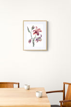 Load image into Gallery viewer, 11" x 15" original watercolor botanical lilies floral bouquet painting in an expressive, loose, watery, minimalist, modern style by contemporary fine artist Elizabeth Becker. Prints available. Coral pink, peach fuzz, burgundy, mauve purple, olive green and white colors. Framed.