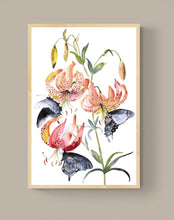 Load image into Gallery viewer, 24" x 36" original watercolor botanical turk's cap lilies or tiger lily with swallowtail butterflies. Flower painting on canvas. Varnished and ready-to-hang. Expressive, loose, watery, minimalist, modern style by contemporary fine artist Elizabeth Becker. Prints available. Soft peach, light orange, yellow, olive green, black and white colors.