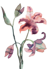 Load image into Gallery viewer, 11" x 15" original watercolor botanical lilies floral bouquet painting in an expressive, loose, watery, minimalist, modern style by contemporary fine artist Elizabeth Becker. Prints available. Coral pink, peach fuzz, burgundy, mauve purple, olive green and white colors.