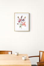 Load image into Gallery viewer, 11" x 15" original watercolor botanical lilies floral bouquet painting in an expressive, loose, watery, minimalist, modern style by contemporary fine artist Elizabeth Becker. Prints available. Coral pink, peach fuzz, yellow, olive green and white colors. Framed.