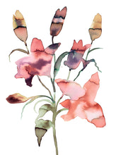 Load image into Gallery viewer, 11" x 15" original watercolor botanical lilies floral bouquet painting in an expressive, loose, watery, minimalist, modern style by contemporary fine artist Elizabeth Becker. Prints available. Coral pink, peach fuzz, yellow, olive green and white colors.