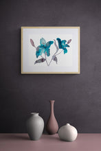Load image into Gallery viewer, 11" x 15" original watercolor botanical lily flowers painting in an expressive, loose, watery, minimalist, modern style by contemporary fine artist Elizabeth Becker. Prints available. Monochromatic aquamarine, azure blue, black, gray and white colors. Framed.