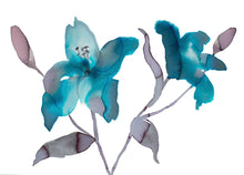 Load image into Gallery viewer, 11&quot; x 15&quot; original watercolor botanical lily flowers painting in an expressive, loose, watery, minimalist, modern style by contemporary fine artist Elizabeth Becker. Prints available. Monochromatic aquamarine, azure blue, black, gray and white colors.
