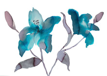Load image into Gallery viewer, 11" x 15" original watercolor botanical lily flowers painting in an expressive, loose, watery, minimalist, modern style by contemporary fine artist Elizabeth Becker. Prints available. Monochromatic aquamarine, azure blue, black, gray and white colors.