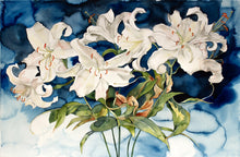 Load image into Gallery viewer, 26” x 39.75” original large-scale watercolor botanical lilies painting, in an expressive style by contemporary fine artist Elizabeth Becker. Dark blue, white and green colors.