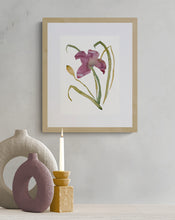 Load image into Gallery viewer, 9" x 12" original watercolor botanical lily flower painting in an expressive, loose, watery, minimalist, modern style by contemporary fine artist Elizabeth Becker. Prints available. Soft plum purple, magenta, maroon, dark green, olive and gold colors with white background. Framed.