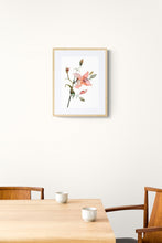 Load image into Gallery viewer, 11" x 15" original watercolor botanical lily floral bouquet painting in an expressive, loose, watery, minimalist, modern style by contemporary fine artist Elizabeth Becker. Prints available. Peach fuzz, olive green and white colors. Framed.