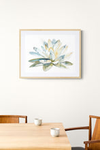Load image into Gallery viewer, 9" x 12" original watercolor botanical lotus flower painting in an expressive, impressionist, minimalist, modern, loose, watery style by contemporary fine artist Elizabeth Becker. Tranquil, serene, calming, peaceful, spiritual yoga boho wall art. Pale yellow, teal blue and olive green colors with white background. Framed.