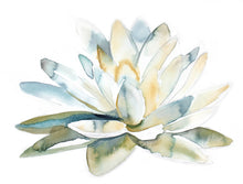 Load image into Gallery viewer, 9" x 12" original watercolor botanical lotus flower painting in an expressive, impressionist, minimalist, modern, loose, watery style by contemporary fine artist Elizabeth Becker. Tranquil, serene, calming, peaceful, spiritual yoga boho wall art. Pale yellow, teal blue and olive green colors with white background.