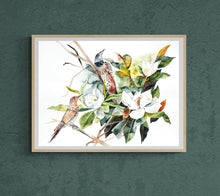 Load image into Gallery viewer, 22” x 30” original watercolor painting. Northern Flicker woodpeckers and southern magnolia flowers. Pair of two birds in floral tree branches. Large-scale Audubon-inspired botanical wildlife illustration in an expressive, minimalist, modern, abstract style by contemporary fine artist Elizabeth Becker. Monochromatic dark green, olive and white colors.