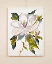 Load image into Gallery viewer, 24" x 36" original watercolor Southern Magnolia flower painting on canvas. Varnished and ready-to-hang. Expressive, loose, watery, abstract, minimalist, modern style by contemporary fine artist Elizabeth Becker. Inspired by Vintage Botanical Illustration. Prints available. Neutral, monochromatic white and olive green colors.