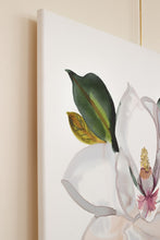 Load image into Gallery viewer, 24" x 36" original watercolor Southern Magnolia flower painting on canvas. Varnished and ready-to-hang. Expressive, loose, watery, abstract, minimalist, modern style by contemporary fine artist Elizabeth Becker. Inspired by Vintage Botanical Illustration. Prints available. Neutral, monochromatic white and olive green colors.